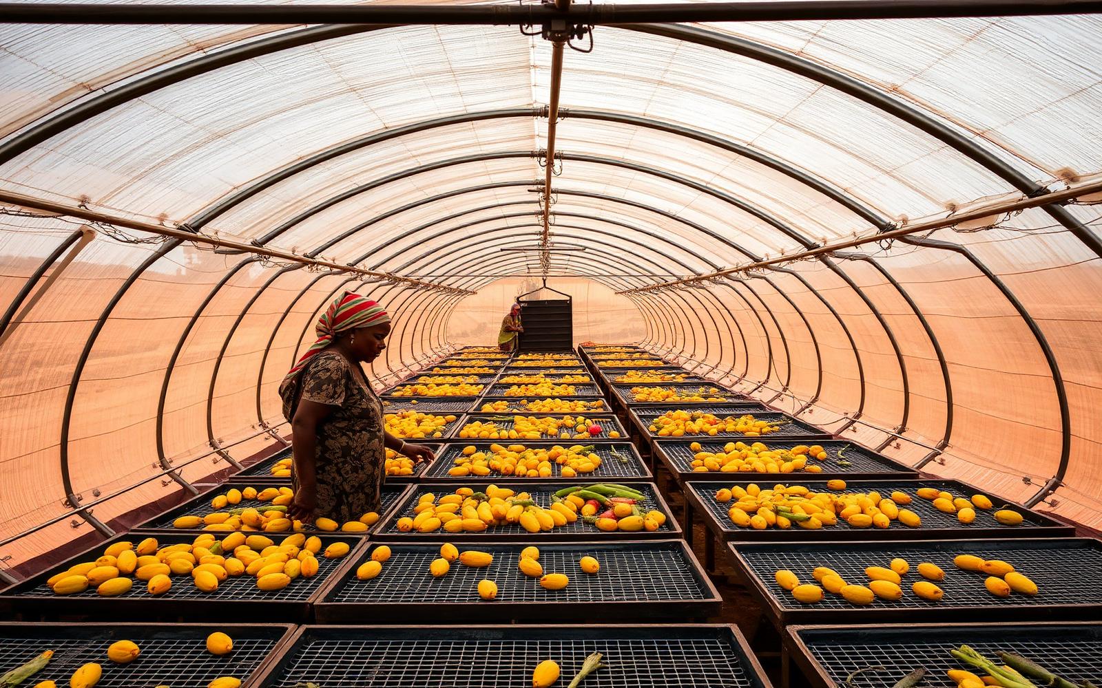 Solar drying tunnel with operators